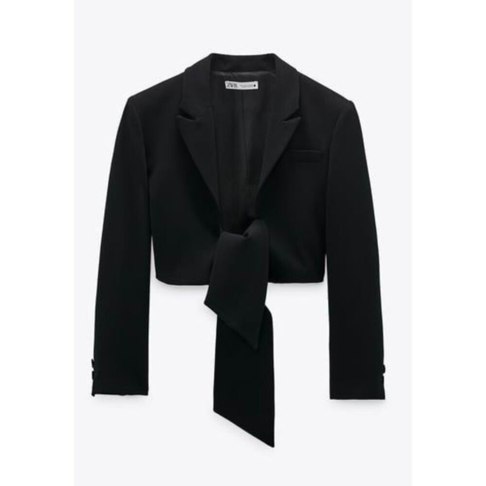 Zara Black Cropped Tie Front Blazer Jacket NWT Women’s Size Small